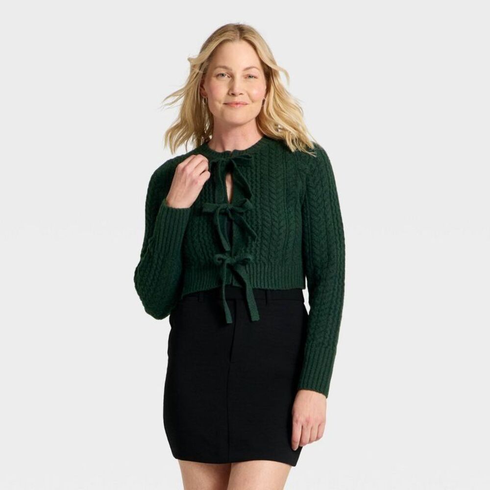 Women's Long Sleeve Bow Cardigan Sweater - A New Day Dark Green XS